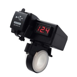 Moto USB socket x 2, digital voltmeter, red led, black color